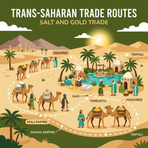 Illustration of Trans-Saharan trade routes with desert oases and caravans