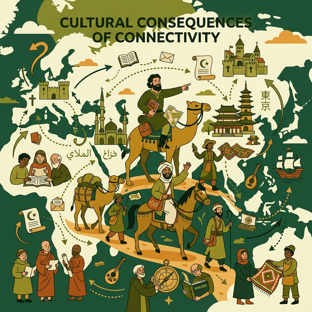Illustration of cultural exchange and travelers spreading ideas