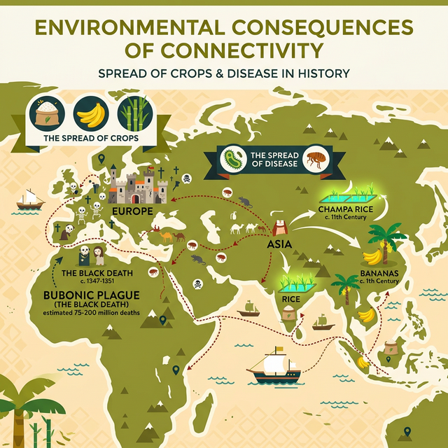 Illustration of environmental consequences such as crop and disease spread