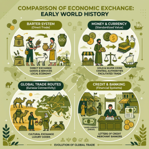 Concept illustration comparing different economic exchange systems globally
