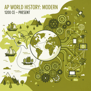 Illustration representing AP World History Modern from 1200 CE to the present, featuring an interconnected globe, historical trade ships, industrial gears, and modern digital networks.