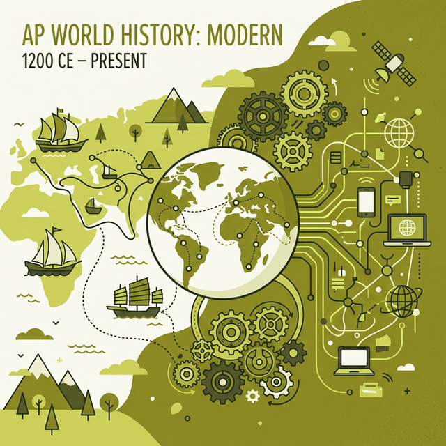 Illustration representing AP World History Modern from 1200 CE to the present, featuring an interconnected globe, historical trade ships, industrial gears, and modern digital networks.