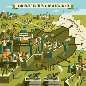 Illustration of massive fortresses and expanding borders representing Land-Based Empires