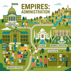 Illustration representing centralized government, tax collection, and monumental architecture
