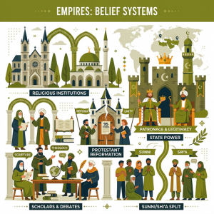 Illustration depicting religious institutions and the intersection of religion and state power