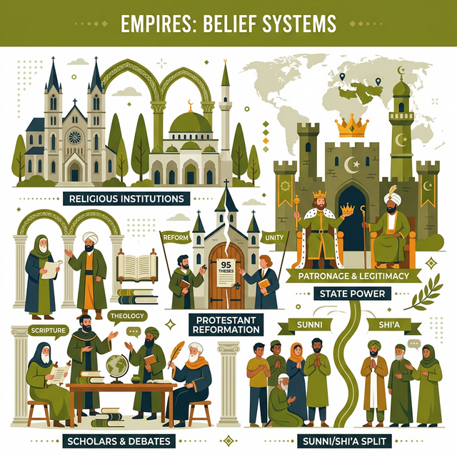 Illustration depicting religious institutions and the intersection of religion and state power