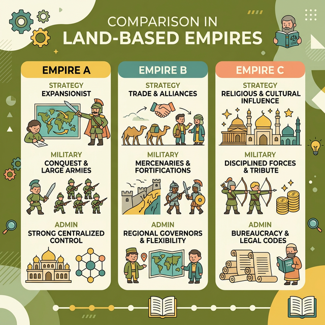 Concept illustration comparing military and administrative strategies of Land-Based Empires