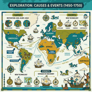 Illustration of global exploration voyages and map routes.