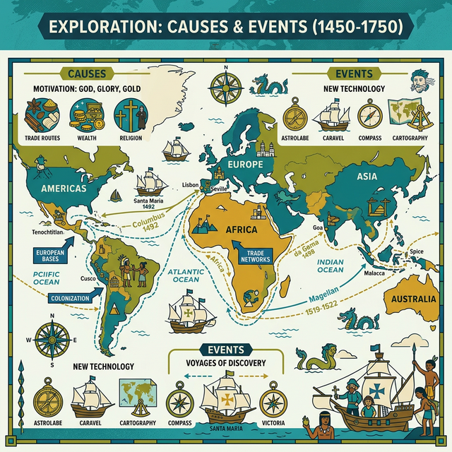 Illustration of global exploration voyages and map routes.