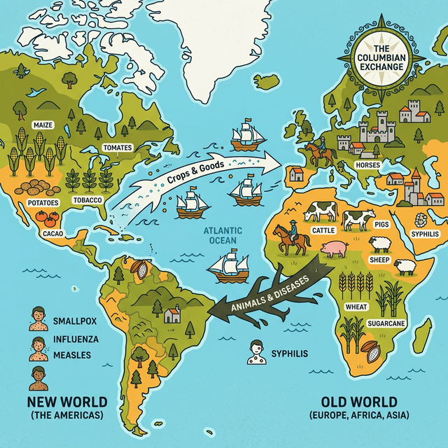 Illustration showing the exchange of plants, animals, and diseases between hemispheres.