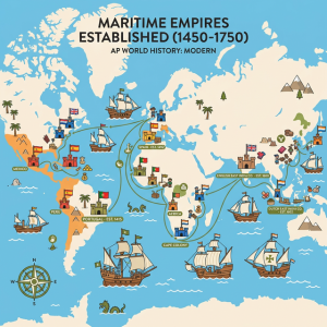 Illustration representing the establishment of overseas trading posts and empires.
