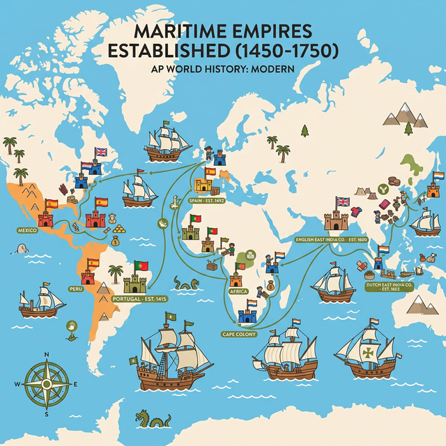 Illustration representing the establishment of overseas trading posts and empires.