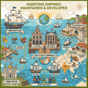Illustration of mercantilism and joint-stock company trade networks.