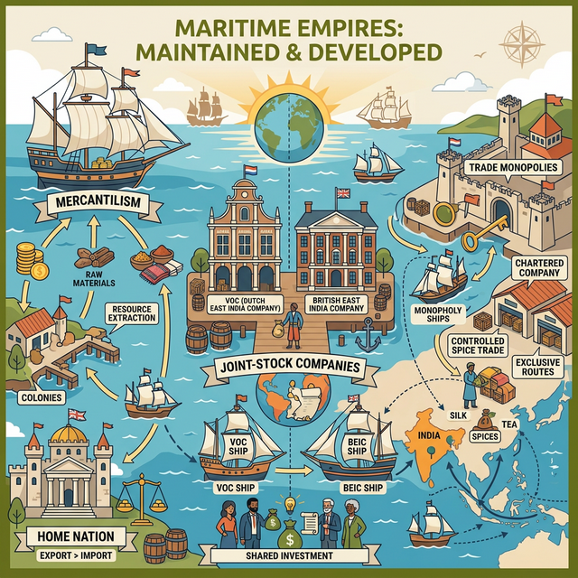 Illustration of mercantilism and joint-stock company trade networks.