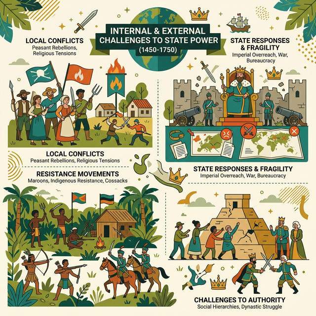 Illustration of resistance movements and challenges to imperial authority.