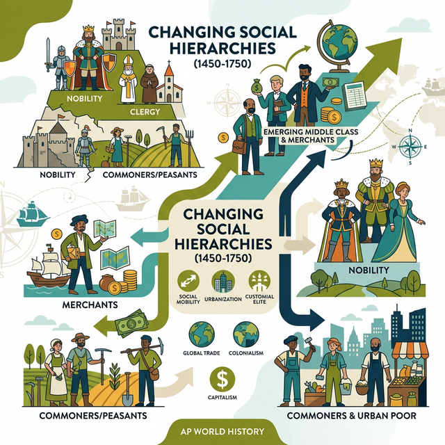 Illustration of shifting social structures and the rise of new elite classes.