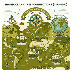Illustration of 15th-17th century sailing ships crossing a stylized ocean, representing Transoceanic Interconnections.
