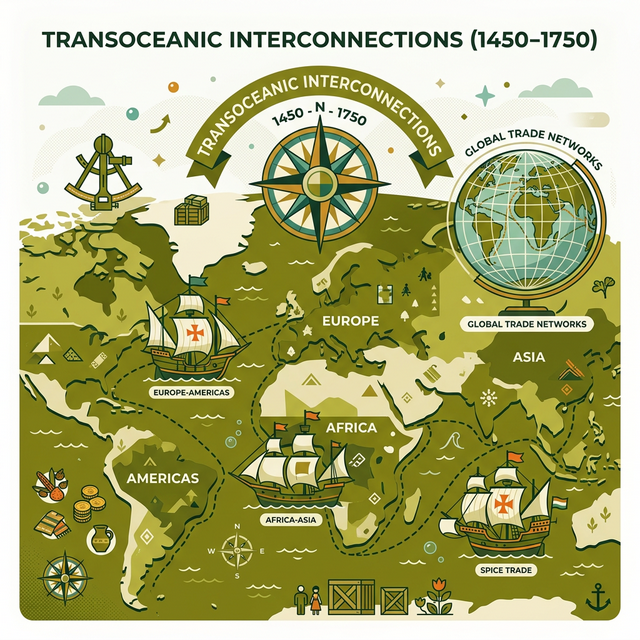Illustration of 15th-17th century sailing ships crossing a stylized ocean, representing Transoceanic Interconnections.