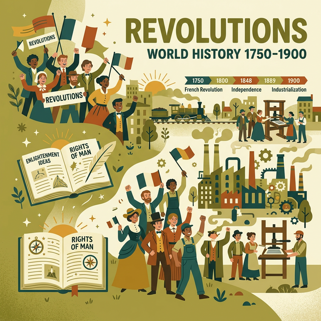 Illustration of revolutionary imagery with raised fists, flags, and industrial smokestacks