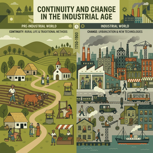Split scene illustration showing traditional agrarian world and modern industrial world