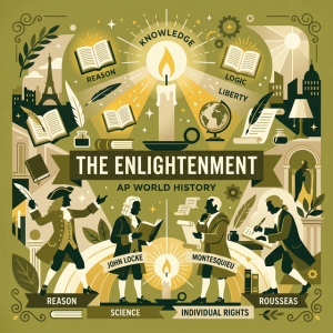 Illustration of Enlightenment ideals with quill pens, open books, and candles of knowledge