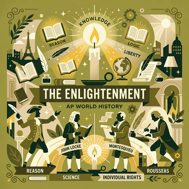 Illustration of Enlightenment ideals with quill pens, open books, and candles of knowledge