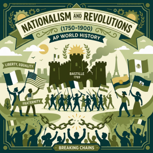 Illustration of revolutionary flags, broken chains, and the Bastille