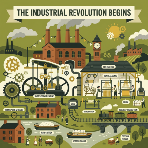 Illustration of early steam engines, textile looms, and factory smokestacks