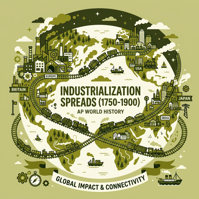 Illustration of railroads connecting cities and factory skylines expanding across a globe