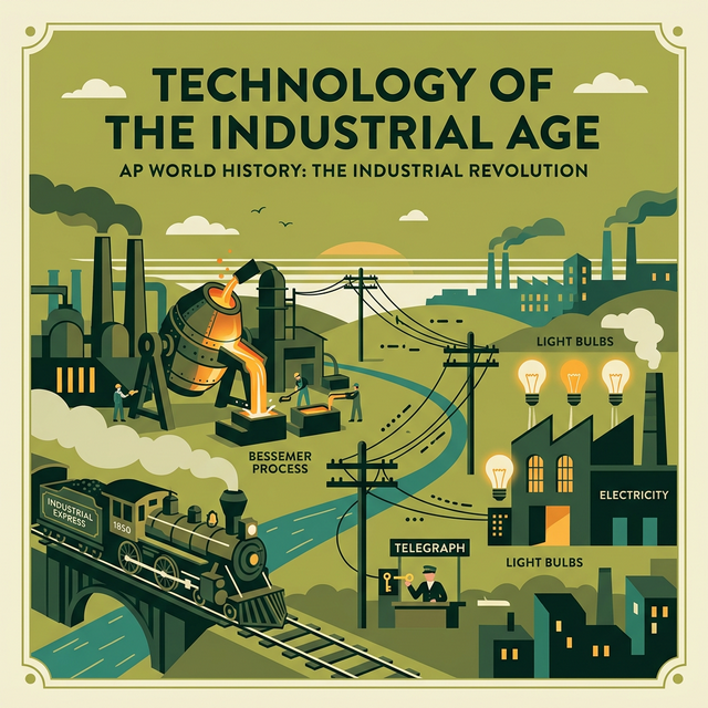 Illustration of telegraph wires, steam locomotives, and light bulbs