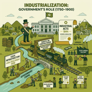 Illustration of government buildings, policy scrolls, and infrastructure projects