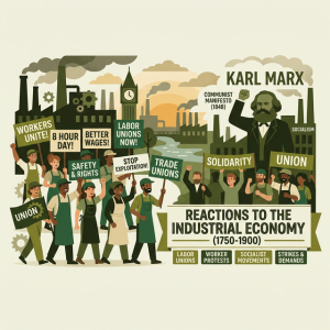 Illustration of labor unions, protest signs, and factory workers