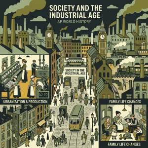 Illustration of urbanization, city streets, and women working in factories