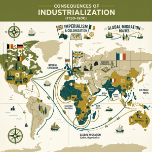 Illustration of imperialism, colonial maps, and migration routes representing the consequences of industrialization