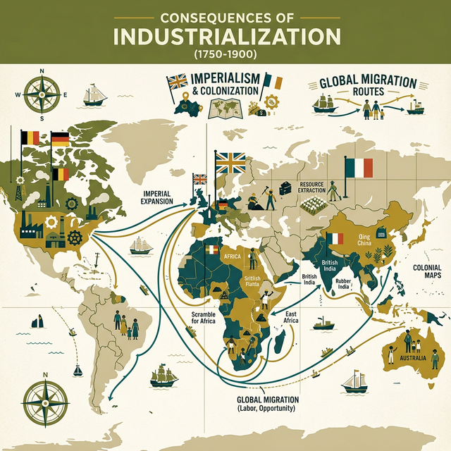 Illustration of imperialism, colonial maps, and migration routes representing the consequences of industrialization