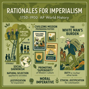 Illustration of imperialist ideologies including Social Darwinism and the civilizing mission