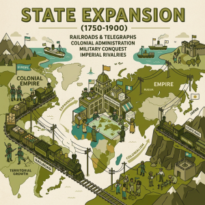 Illustration of empires expanding with railroads, telegraph lines, and colonial administration