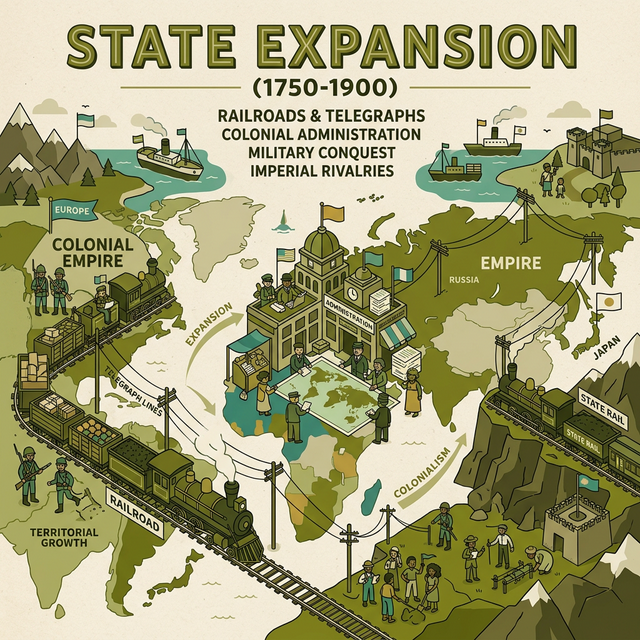 Illustration of empires expanding with railroads, telegraph lines, and colonial administration