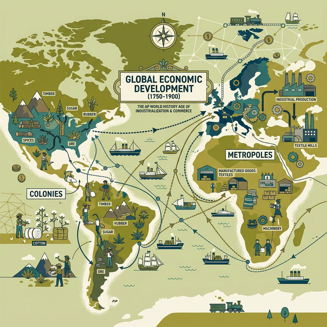 Illustration of trade ships, raw materials, and global commerce networks