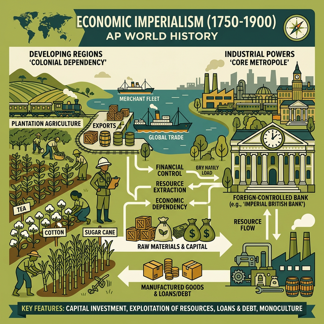 Illustration of foreign-controlled banks, plantation agriculture, and economic dependency