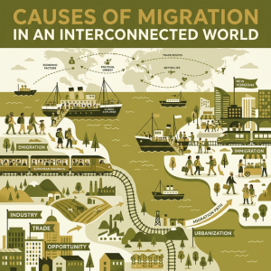 Illustration of immigrant ships and people migrating across continents seeking opportunity