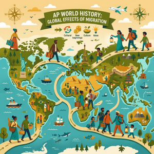 Illustration of diverse people walking pathways connecting continents, representing global migration effects