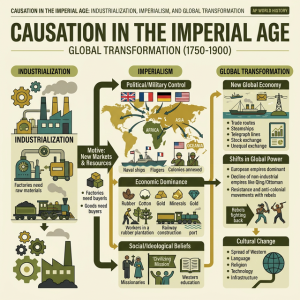 Conceptual illustration of cause-and-effect chains connecting industrialization, imperialism, and global transformation