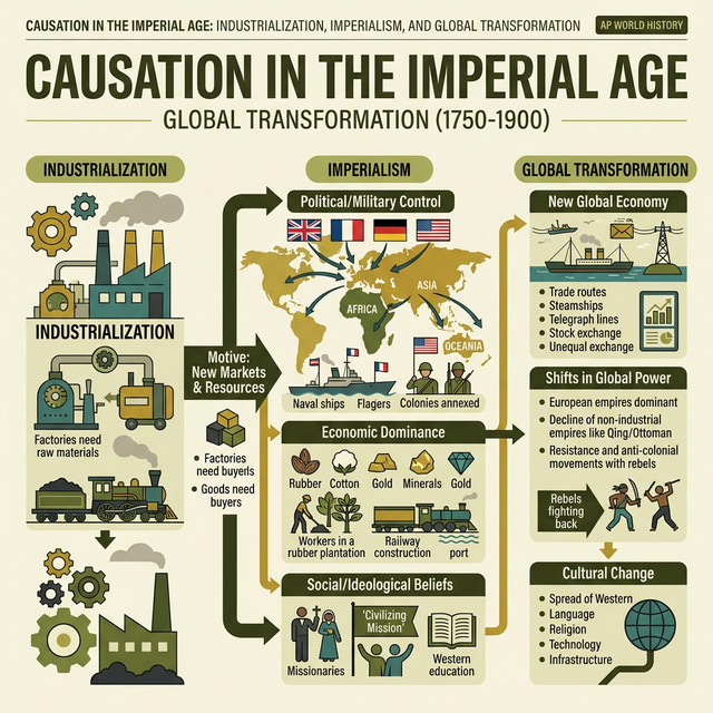 Conceptual illustration of cause-and-effect chains connecting industrialization, imperialism, and global transformation