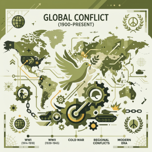 Illustration of Global Conflict with stylized world maps, dove of peace, and abstract gears.