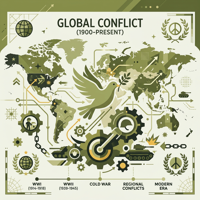 Illustration of Global Conflict with stylized world maps, dove of peace, and abstract gears.