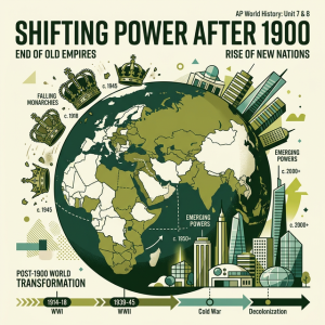 Illustration of falling crowns and rising modern architectures on a globe.