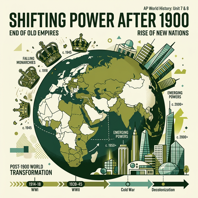 Illustration of falling crowns and rising modern architectures on a globe.