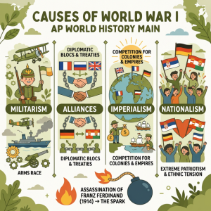 Illustration of the MAIN causes of World War I: Militarism, Alliances, Imperialism, and Nationalism.