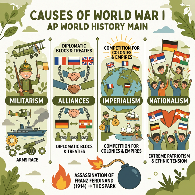 Illustration of the MAIN causes of World War I: Militarism, Alliances, Imperialism, and Nationalism.